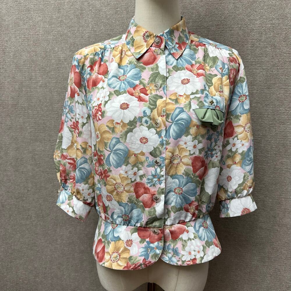 VTG Frankenwalder Floral Blouse Cottagecore Ruffle Peplum Top M 38 Grandmacore